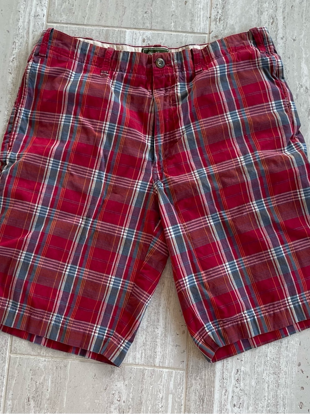 Eddie Bauer Red Plaid Flat-Front Shorts